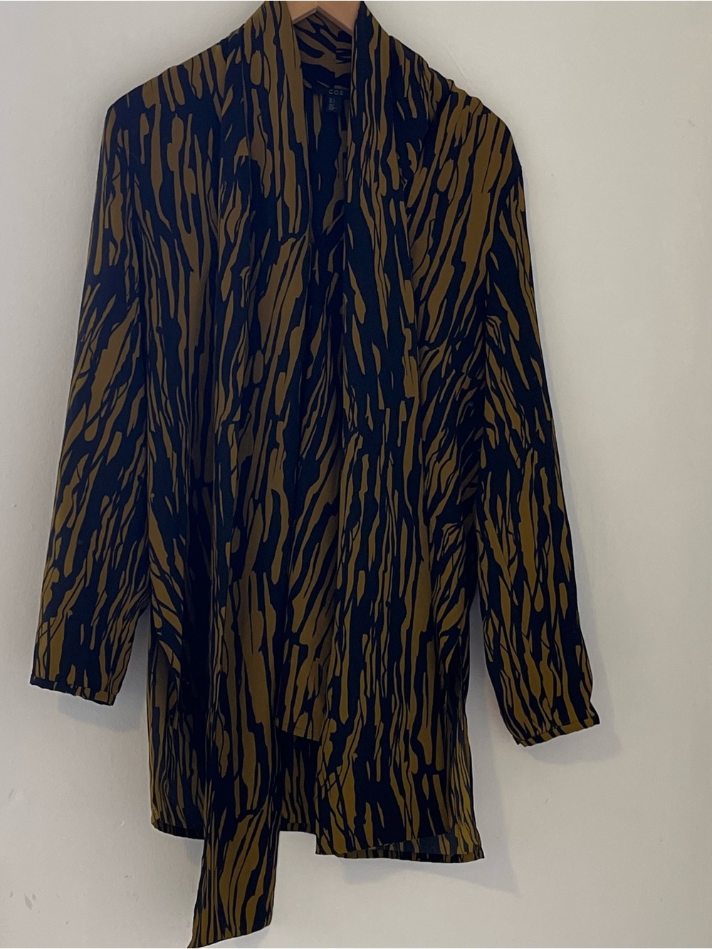 COS 100% Silk Black and Olive Abstract Print Neck Tie  Blouse